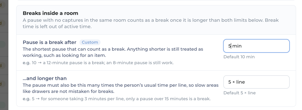 Settings card Breaks inside a room: Pause is a break after, set to 5 min against a 10 min default, and ...and longer than, 5 times the usual time per line