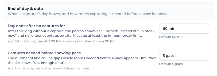 Settings card End of day and data: Day ends after no captures for 60 min, and Captures needed before showing pace, 5 gaps