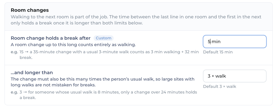 Settings card Room changes: Room change holds a break after, set to 5 min against a 15 min default, and ...and longer than, 3 times the usual walk