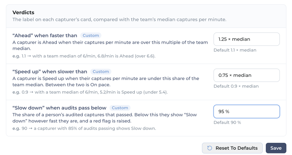 Settings card Verdicts: Ahead when faster than 1.25 times the median, Speed up when slower than 0.75 times the median, Slow down when audits pass below 95 percent